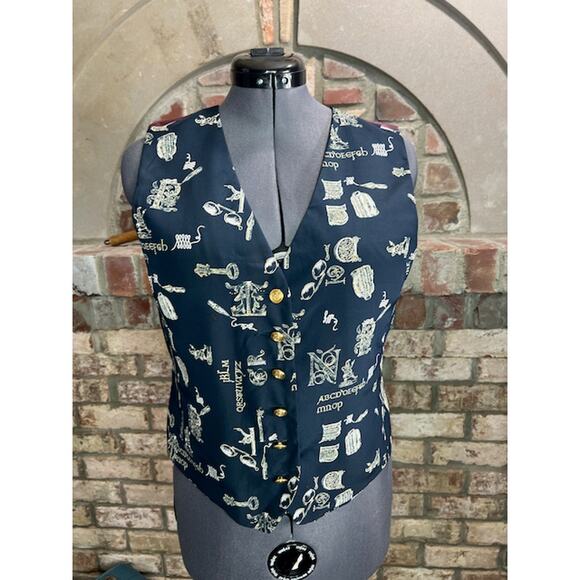 Vintage Jackets & Blazers - Liz Claiborne vest preppy blue white vintage 1980s novelty print steampunk